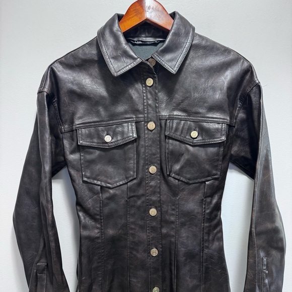 Zara Faux Leather Dress Washed Brown Long Sleeve Shirt Dress Shacket Size XS - Picture 6 of 16
